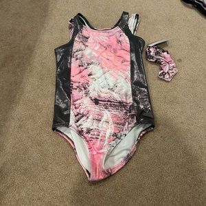 Justice pink white and grey leotard with scrunchie